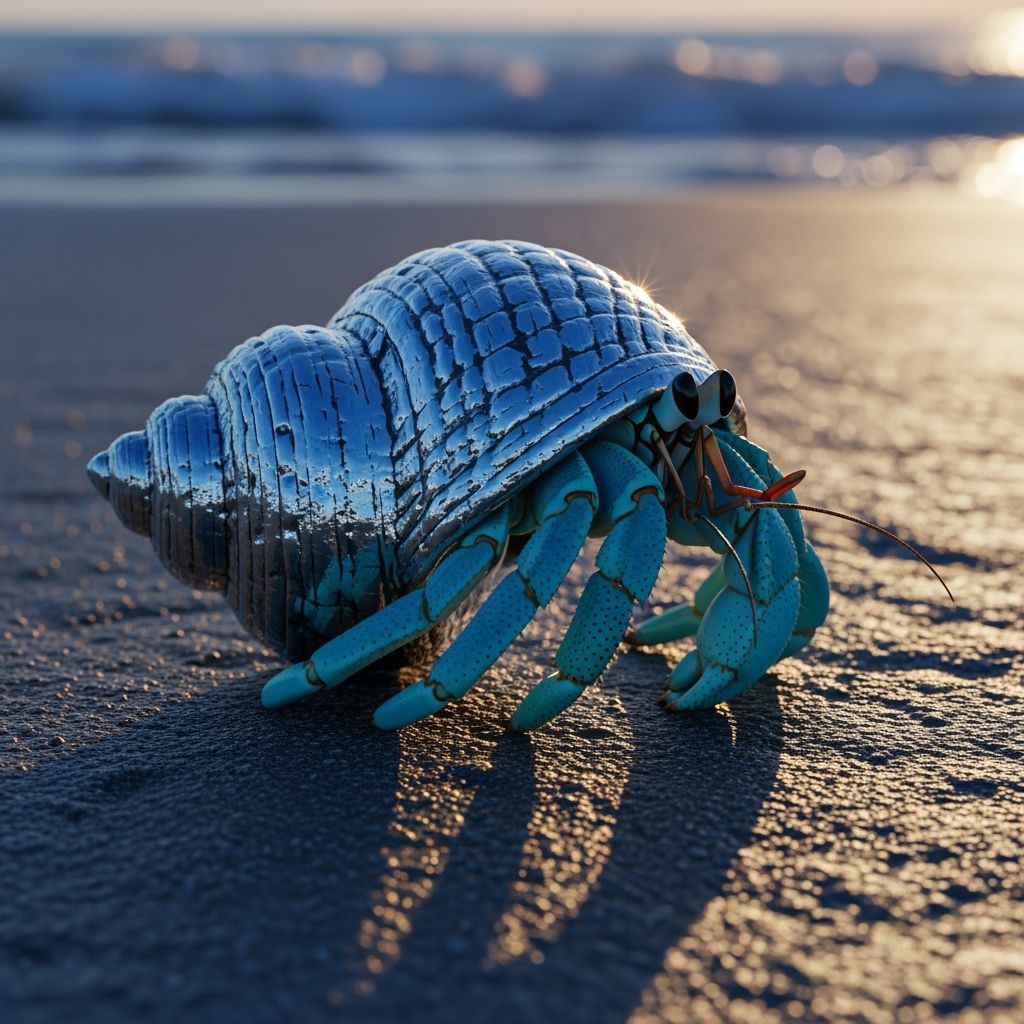Turquoise Hermit Crab on Glistening Sand at Sunset