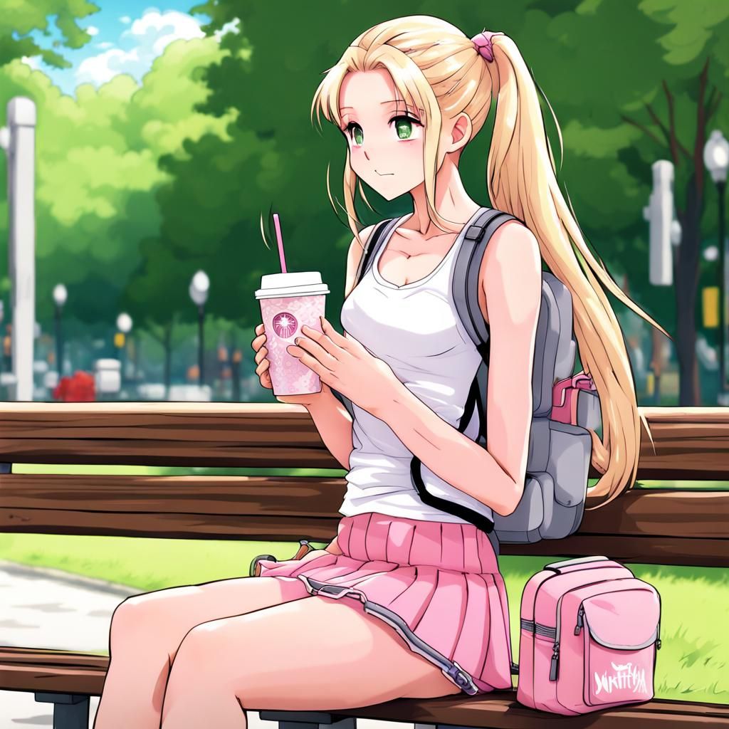 Anime Style Girl with Starbucks in Park