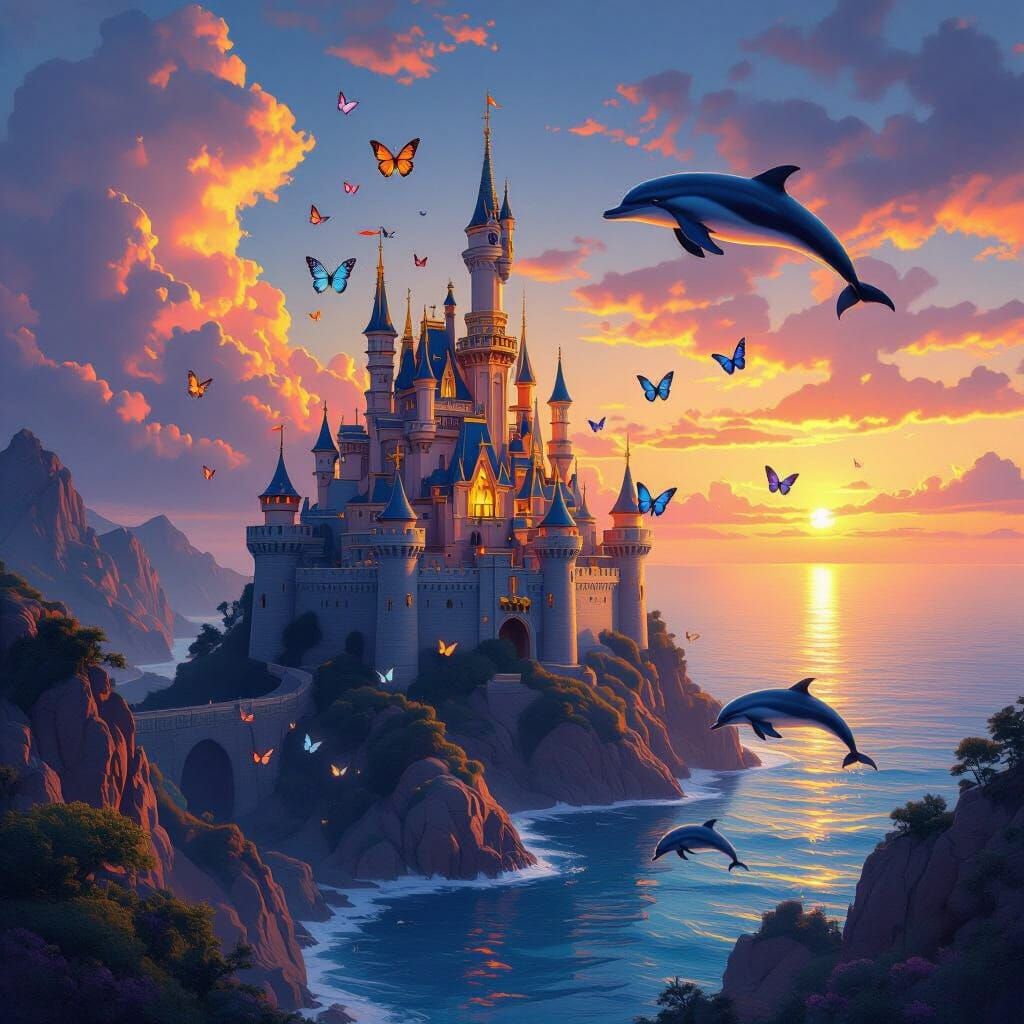 Majestic Castle with Flying Dolphins and Butterflies