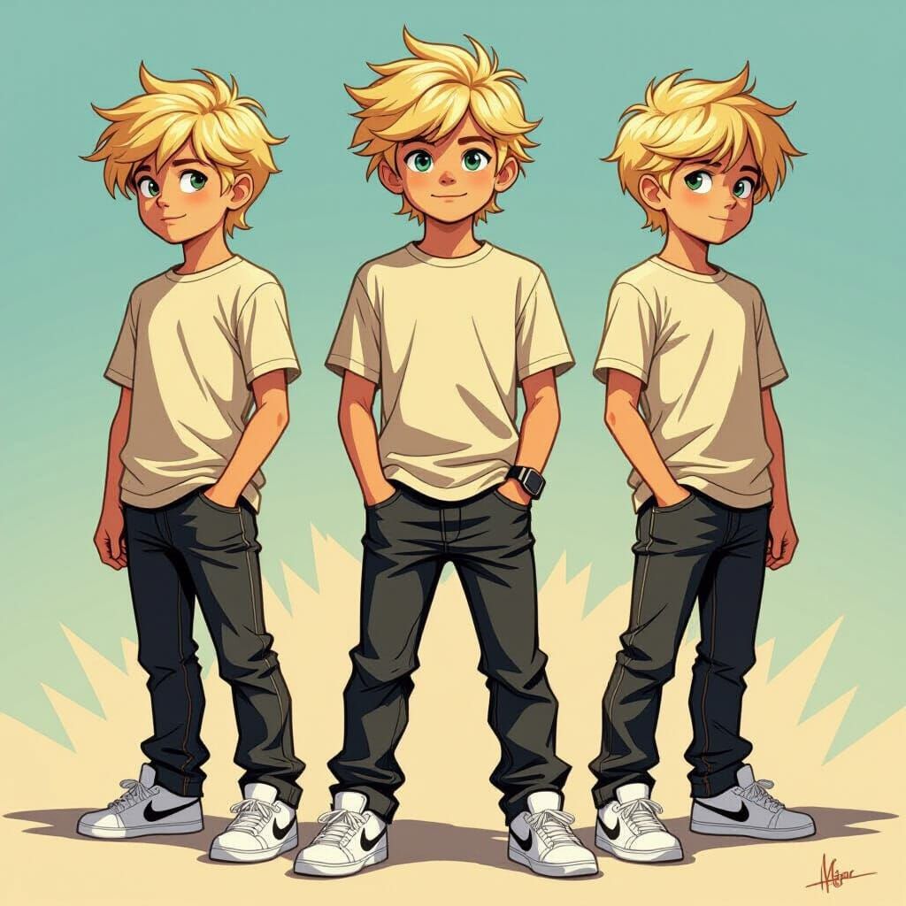 Three 14-Year-Old Twins in Comic Book Style