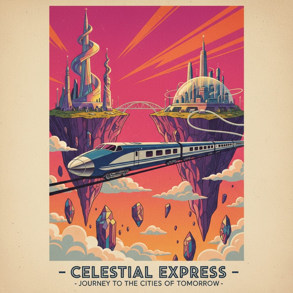 Streamlined 1950s Train in Surreal Floating Cityscape