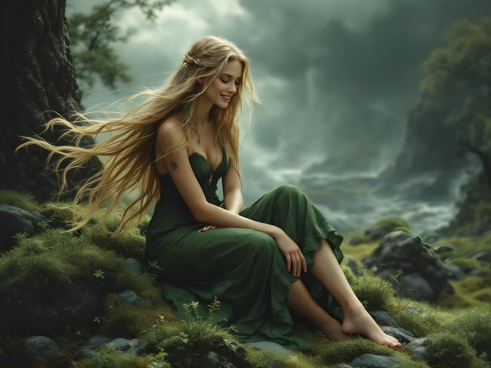 Norse Goddess in Overcast Fantasy Landscape