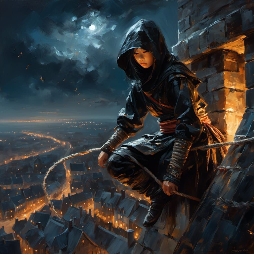 Japanese Ninja Girl Climbing Tower: Oil Painting