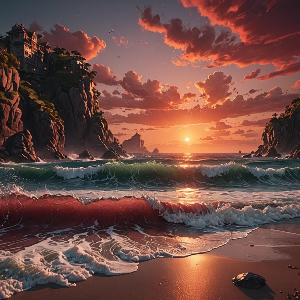 Crimson Sunset Over Ocean Beach in Detailed Painting