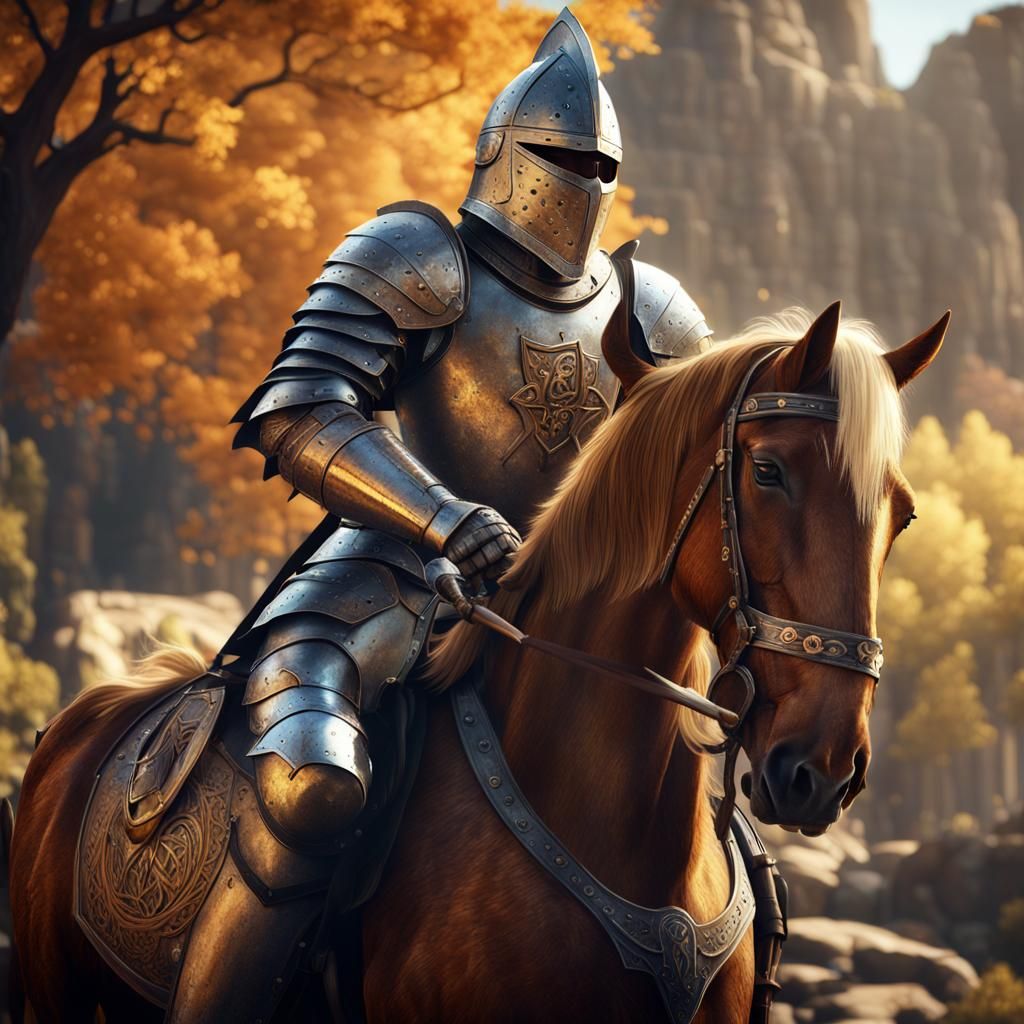 Armored Knight on Horseback in a Fantasy Landscape