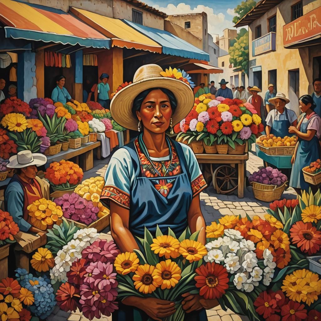 Flower Carrier in Mexican Muralism Style
