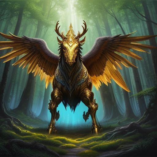 Victorious Warrior in Mystical Forest: Oil Painting