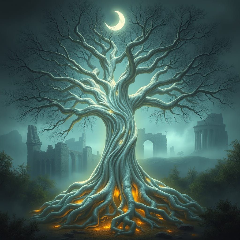 Ancient Silverwood Tree Illuminates Moonlit Forest