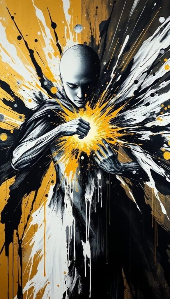 Dynamic Splatter Painting: Gold Light Piercing Darkness