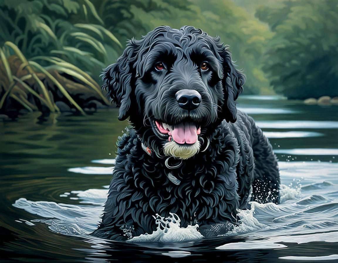 Portuguese Water Dog Swimming: Oil Painting