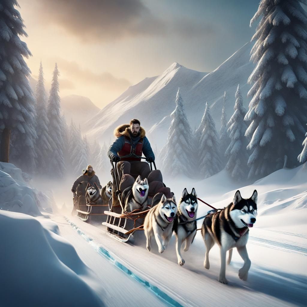 Humans Pulling Husky Dog Sled Team