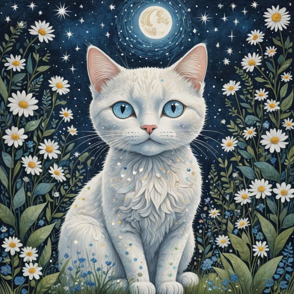 Sparkling Blue-Eyed Cartoon Cat in Art Brut Style