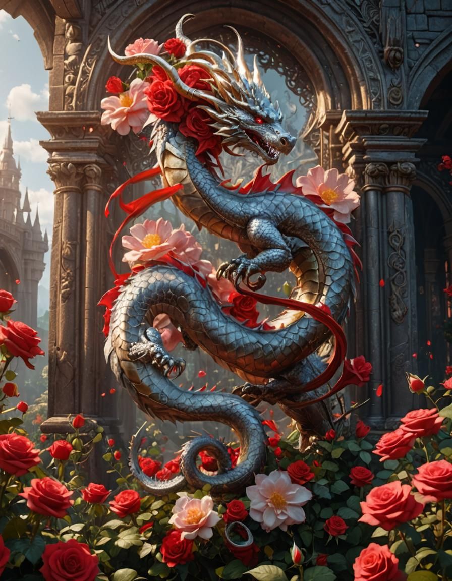 Red and White Dragon with Roses Art
