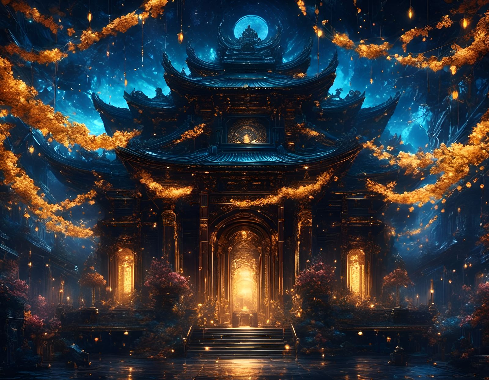 Majestic Dark Academia Temple with Fairy Lights