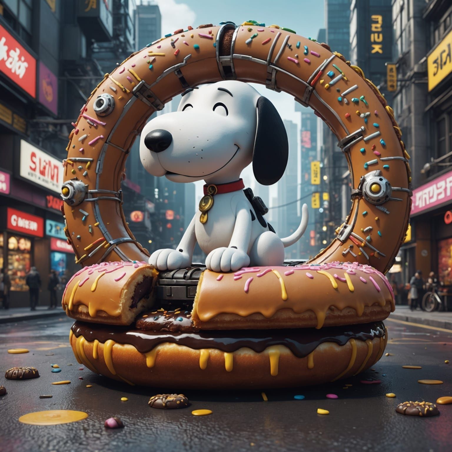 Snoopy on Cyberpunk Donut, Ghibli Style