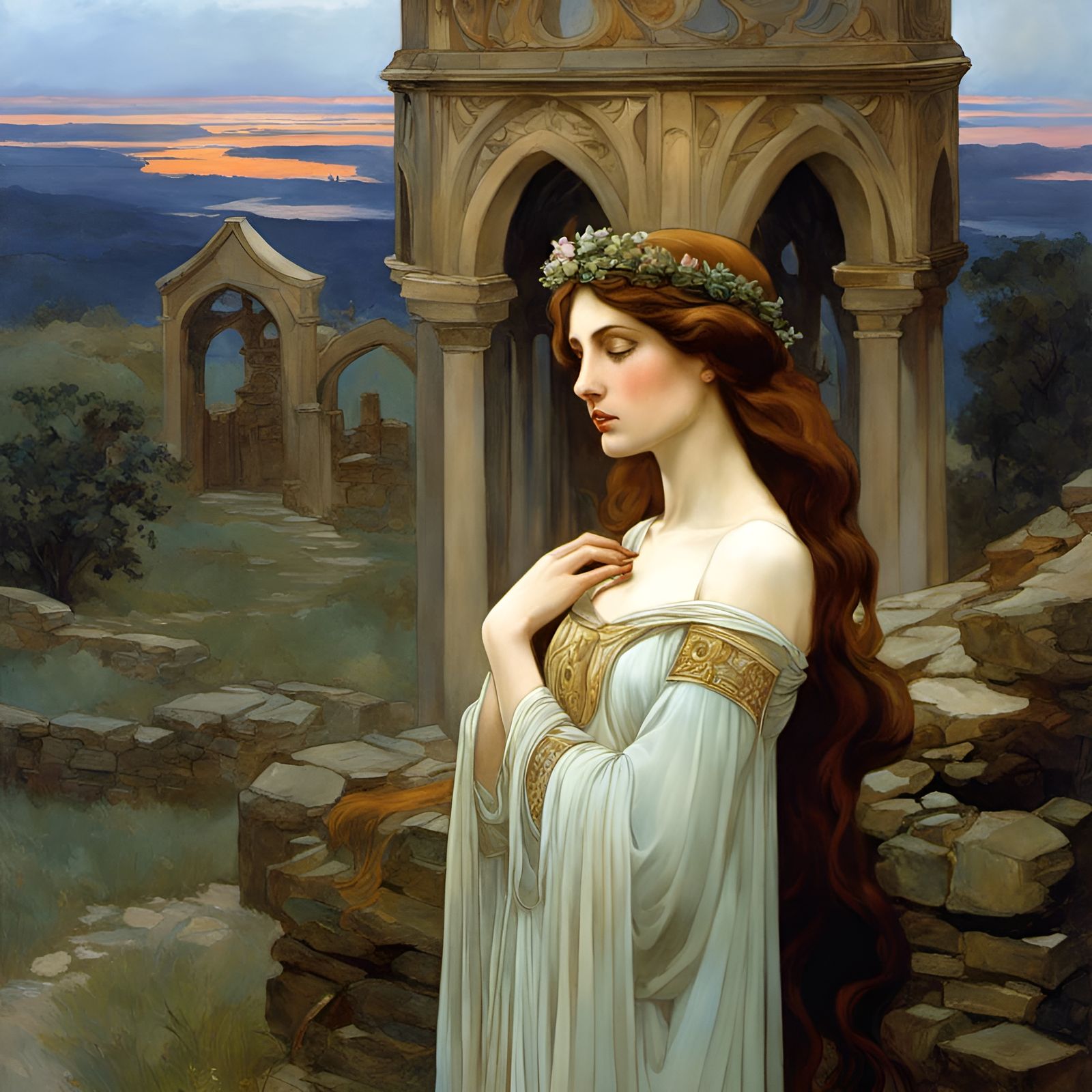 Tragic Woman Haunting Medieval Ruins in Art Nouveau Style