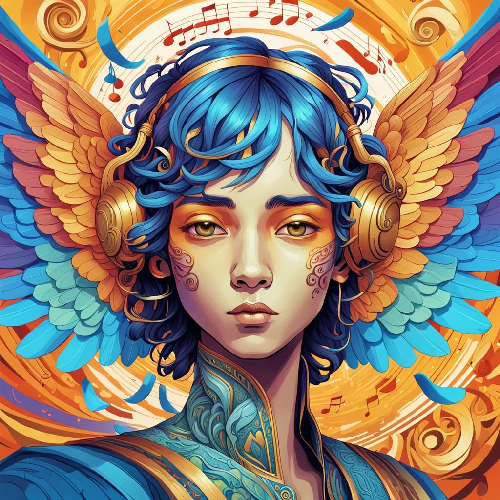 Colorful Angel Emerges from Musical Vortex in Art Nouveau St...