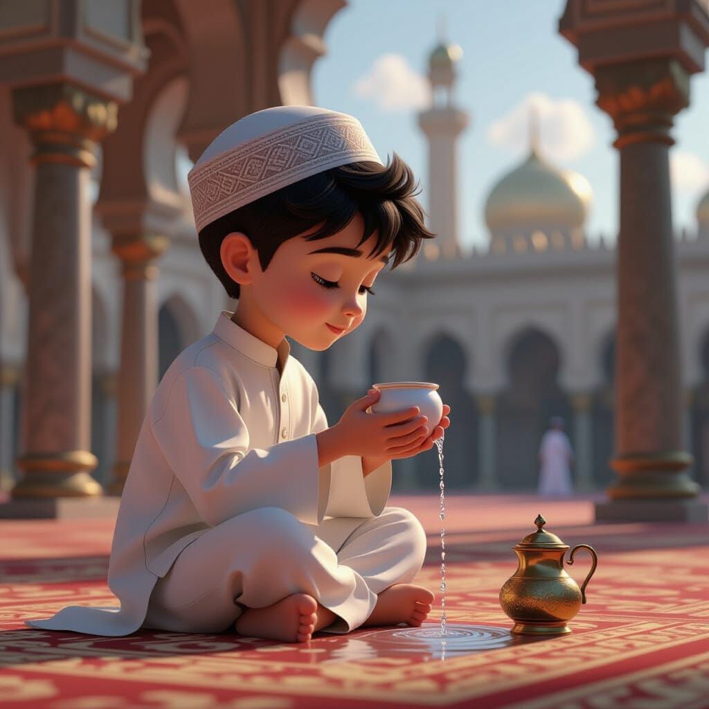 Boy Performing Wudu Outside Mosque in Pixar Style