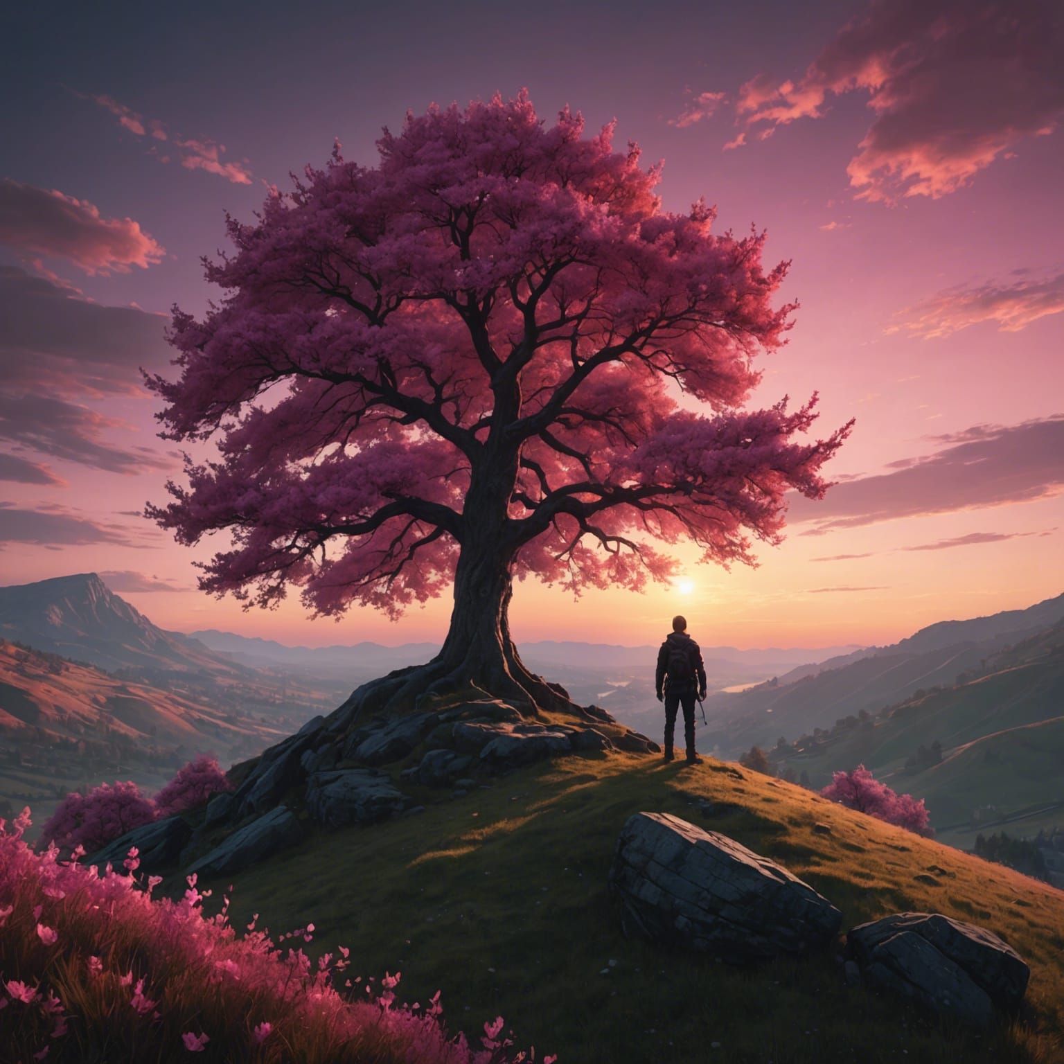 Sunset Behind Pink Tree: Fantasy Concept Art