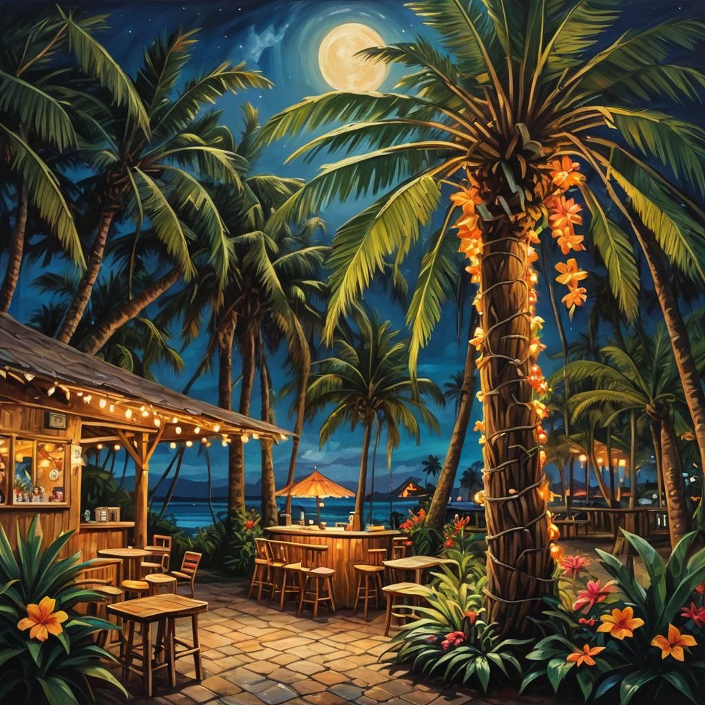 Tropical Tiki Bar at Night in Oil Painting Style