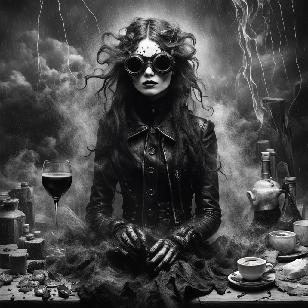 Gothic Model with VR Goggles in Horror Art Style