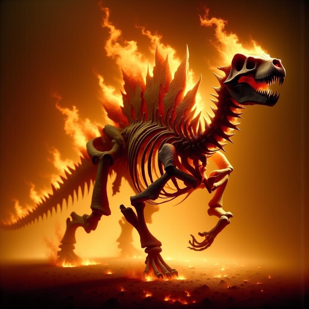 Stegosaurus Skeleton Emerges from Blazing Fire in Digital Ar...