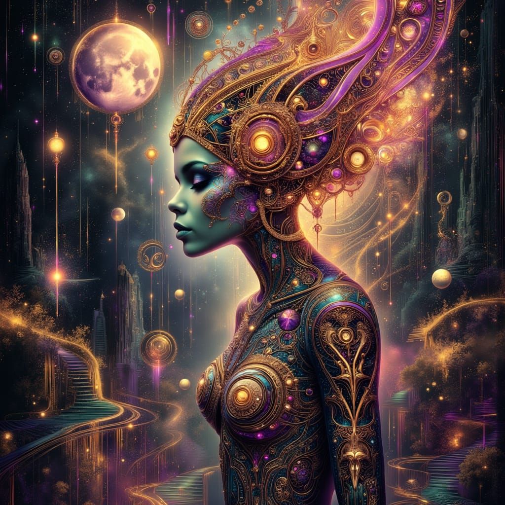 Alien Woman in Surreal Cosmic Dreamscape