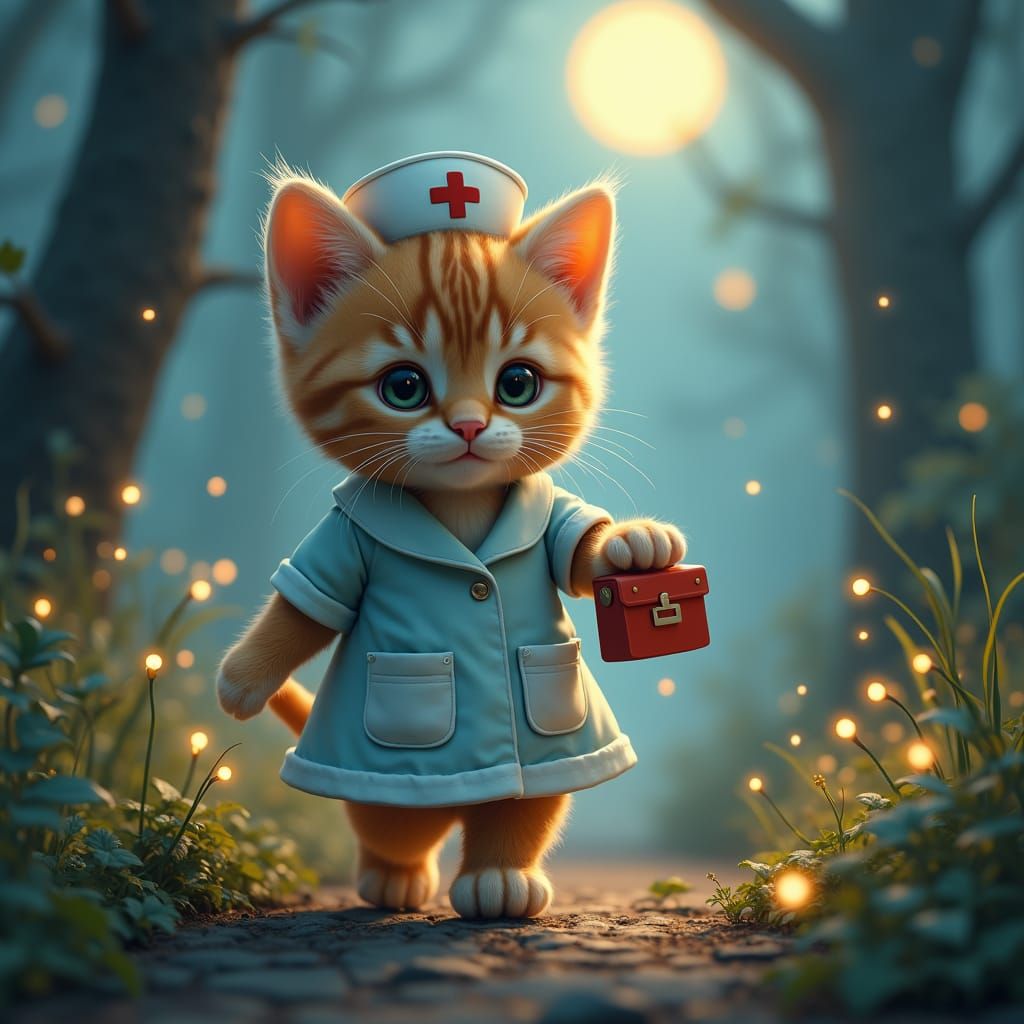 Kitten Nurse in Misty Forest, Kinkade Style