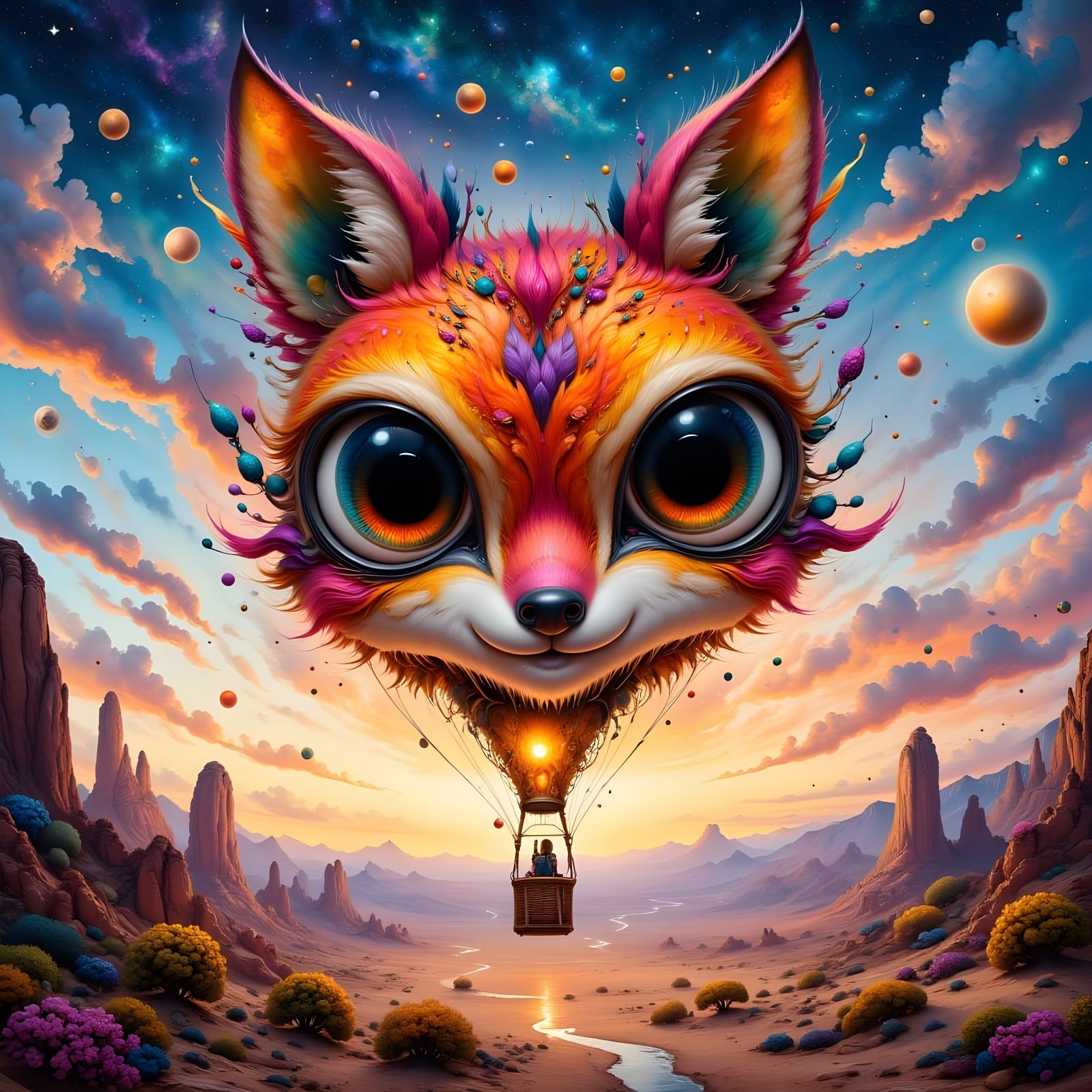 Fox Hot Air Balloon Floats Over Desert Sunrise