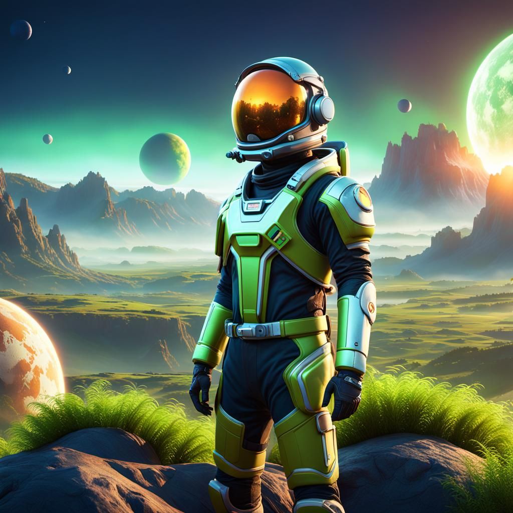 Astronaut Overlooking Alien Landscape in Concept Art Style