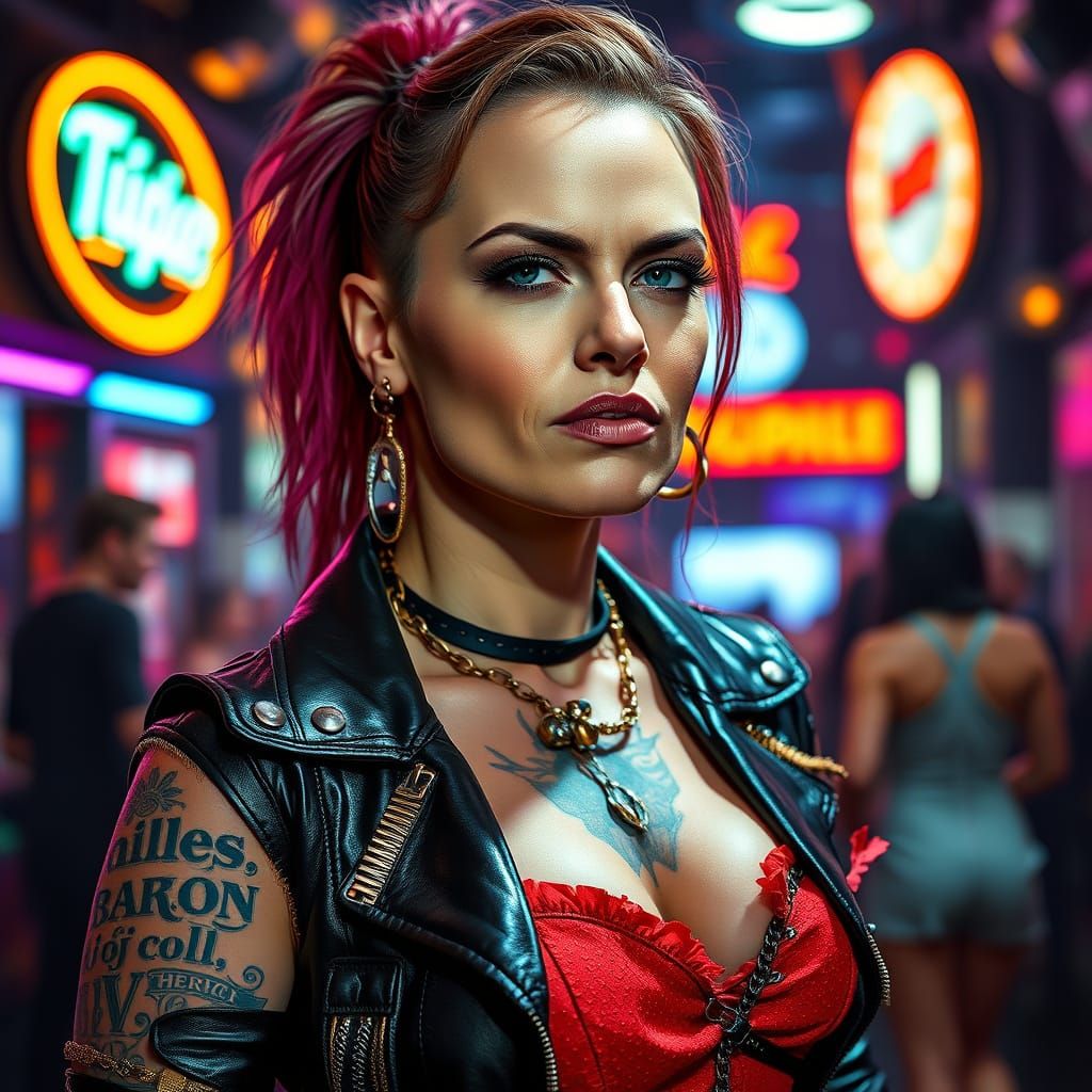 Punk Portrait of Confident Tattooed Lesbian in Nightclub