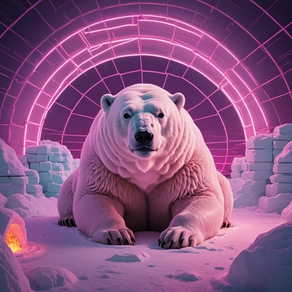 Polar Bear in Igloo, Synthwave Neon Art