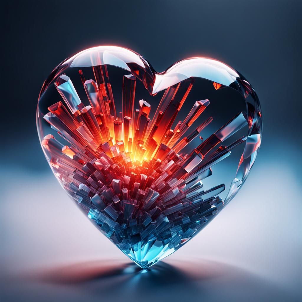 Crystal Heart Shattered by Burning Love: Digital Art