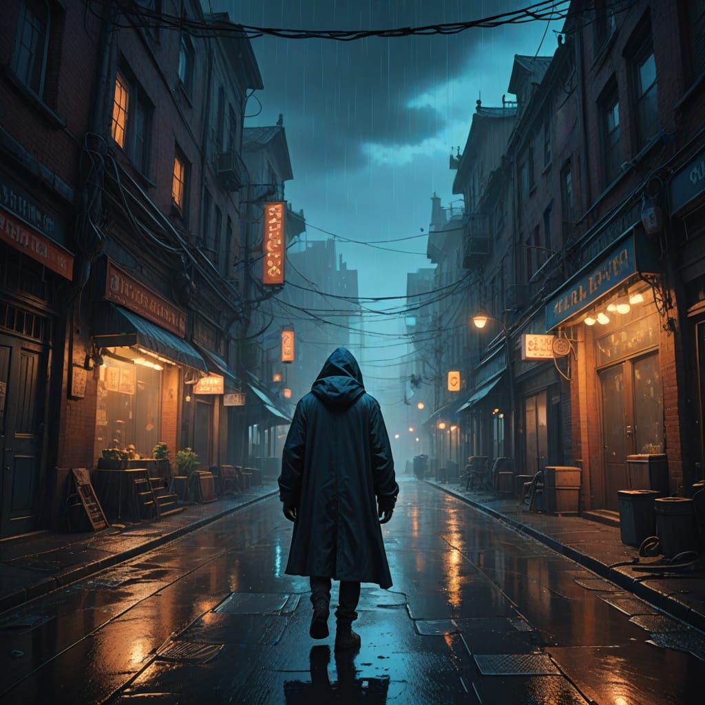 Mysterious Figure Walks Through Rain with Dancing Blue Flame...