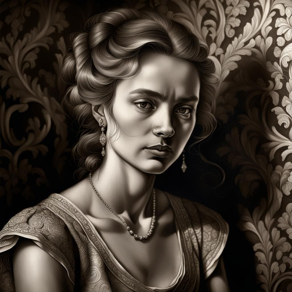 Elegant Woman Portrait in Rembrandt Style Charcoal