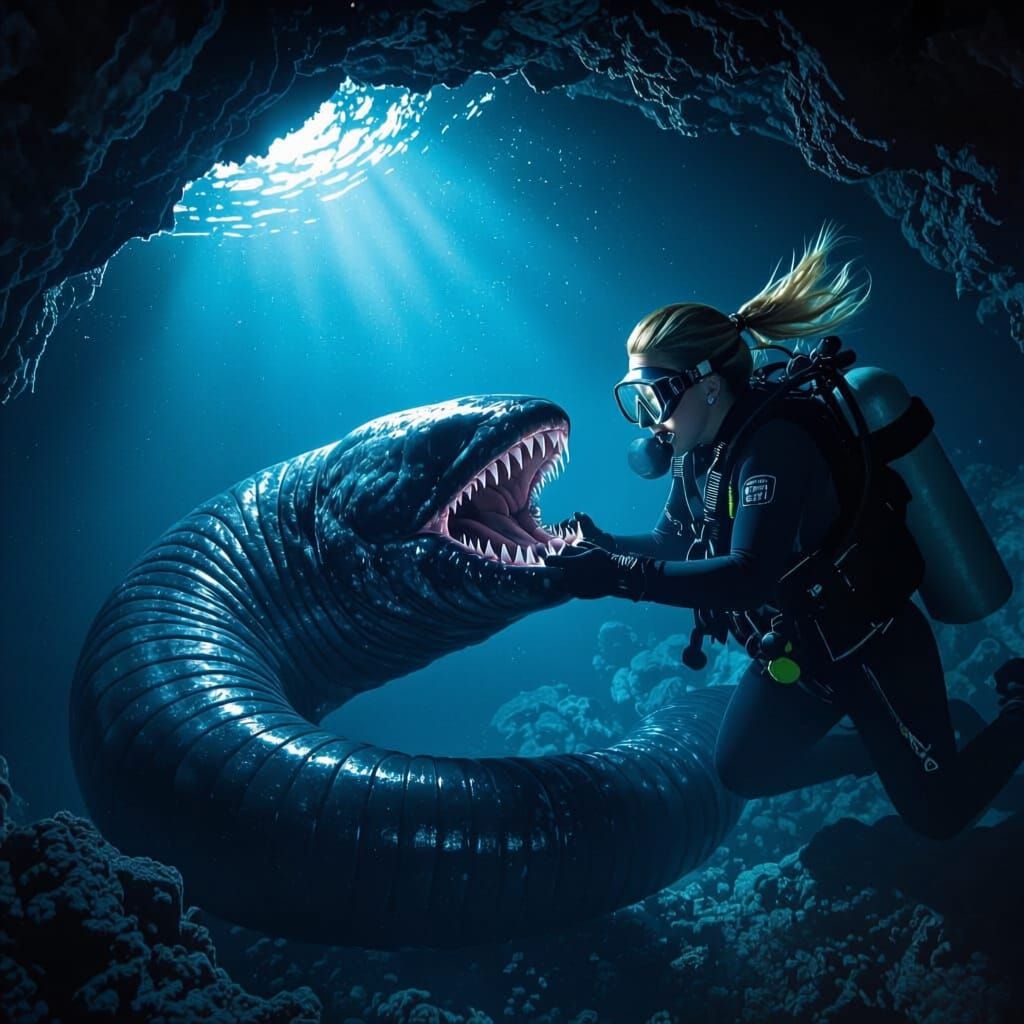 Scuba Diver Fights Giant Blind Eel in Dark Cave