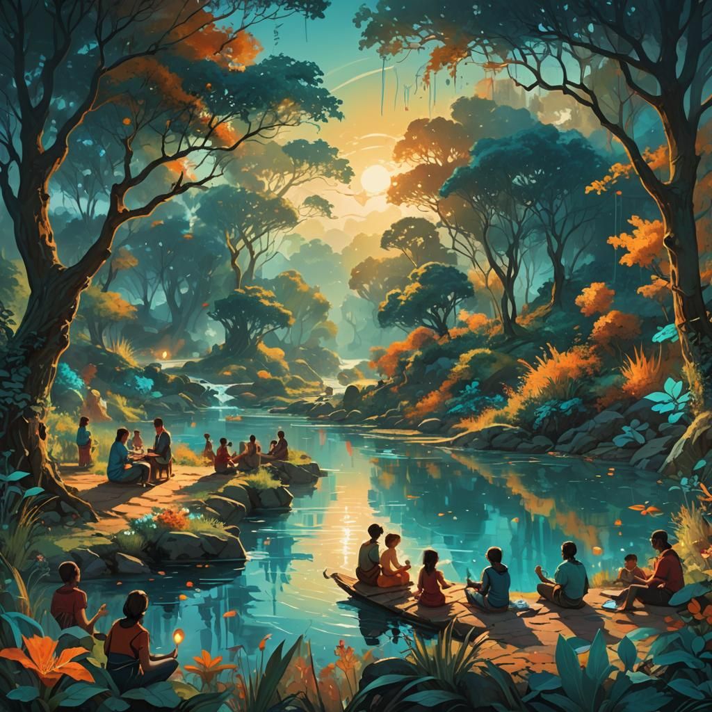 Serene Riverbank Scene in Lush, Mystical Concept Art