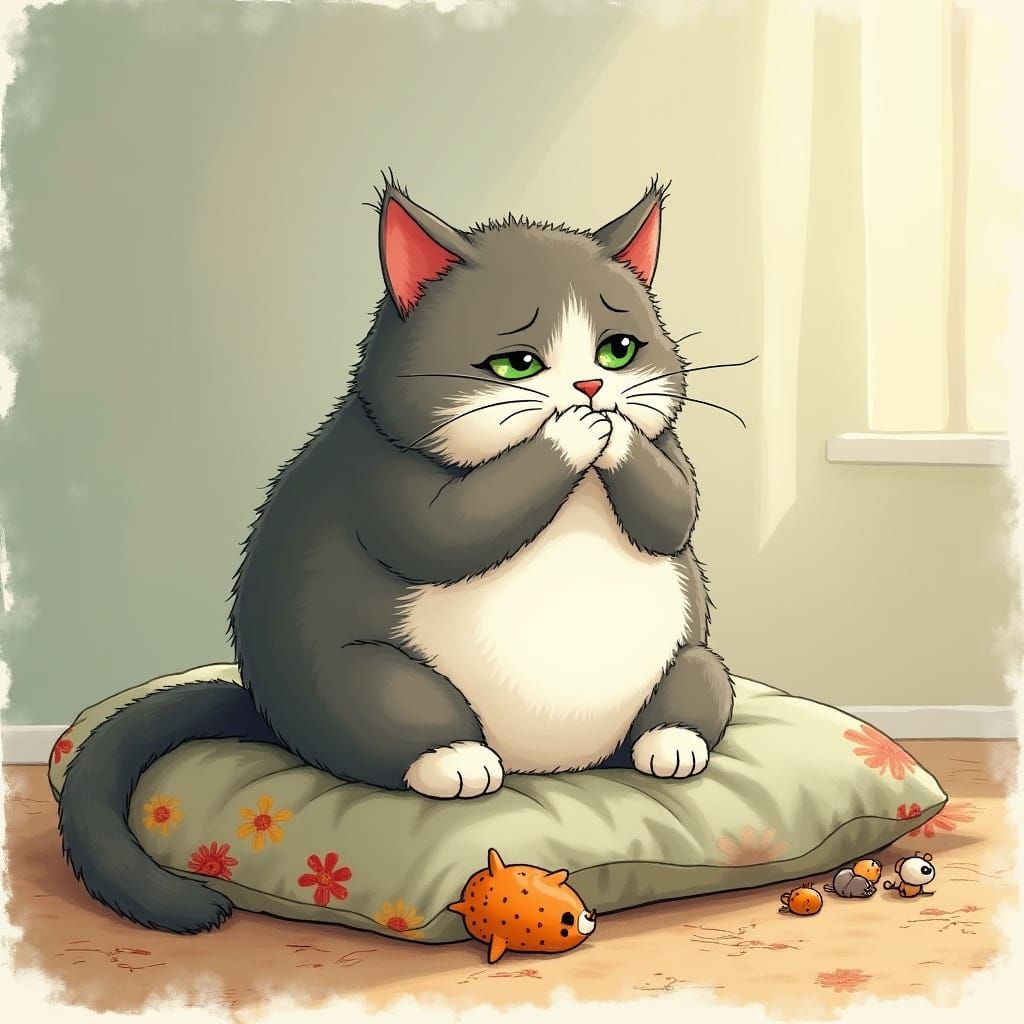 Chubby Cat Crying in Expressive Illustration Style