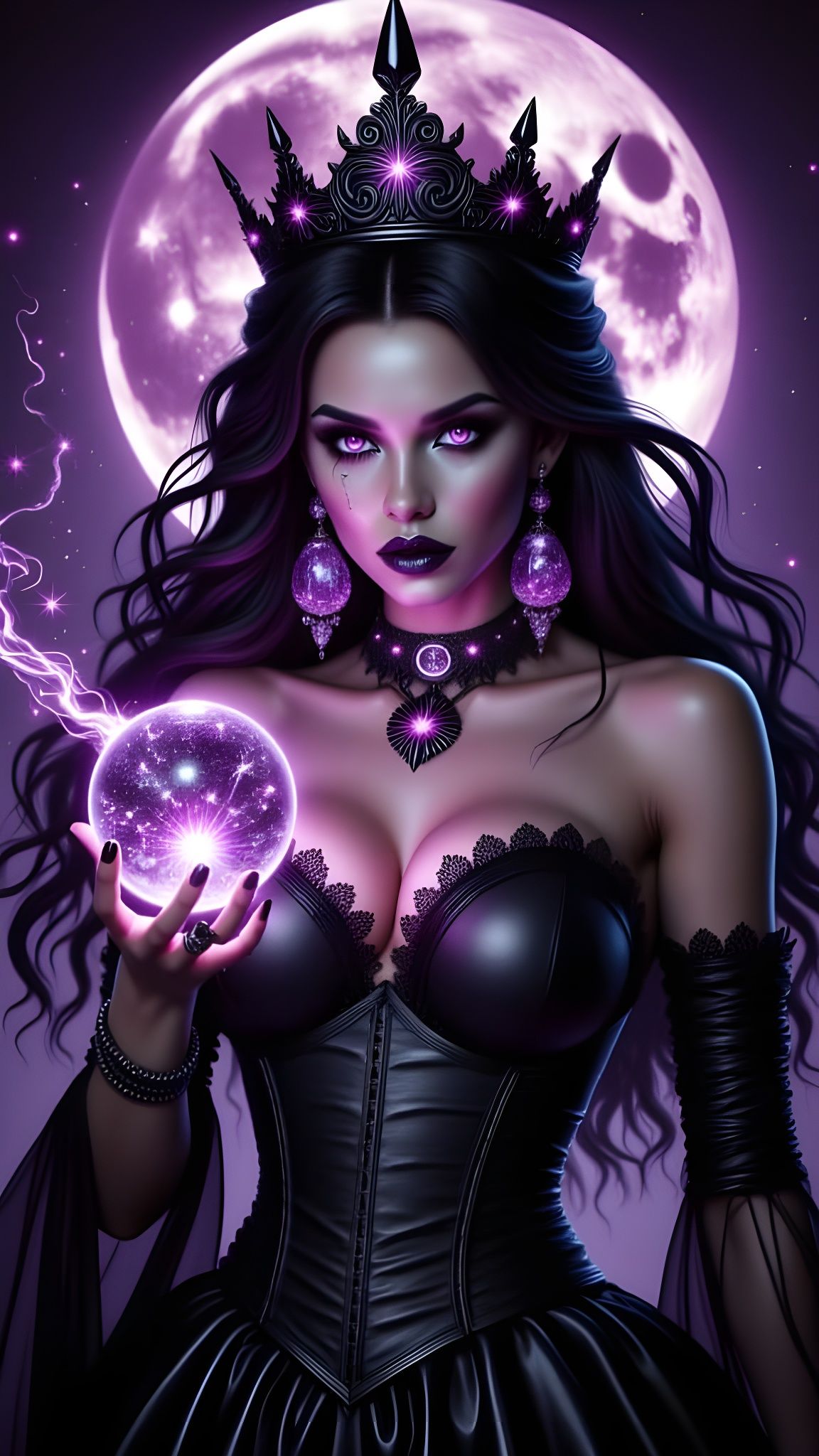 Dark Sorceress with Crystal Orb Under Pink Moon