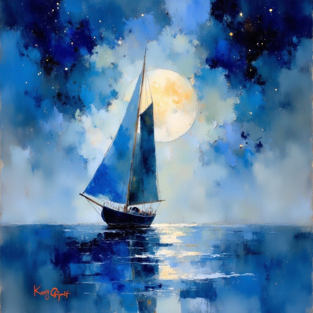 Ultramarine Blue Sailboat in Starry Night