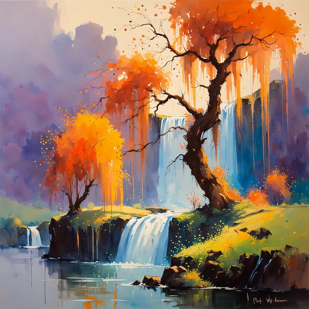 Weasel and Weeping Willow Watercolor Landscape