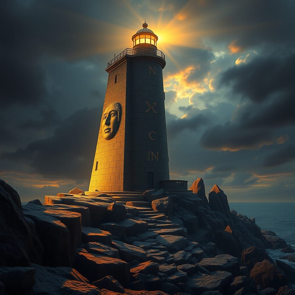 Mystical Lighthouse with Face, Hyperrealistic Cinematic Land...