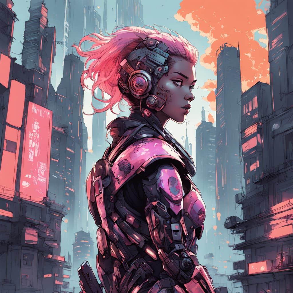 Cyborg Warrior Stands Tall in Ruined Cyberpunk City