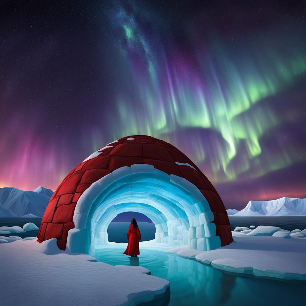 Arctic Igloo Under Northern Lights with Inuit Woman