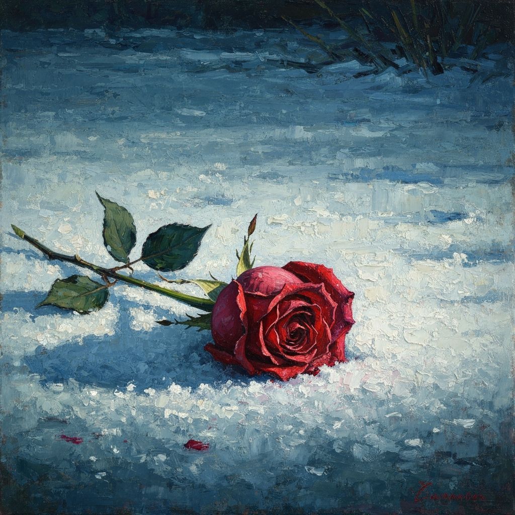 Wilted Rose in Snow: Impasto Oil Painting of Melancholy