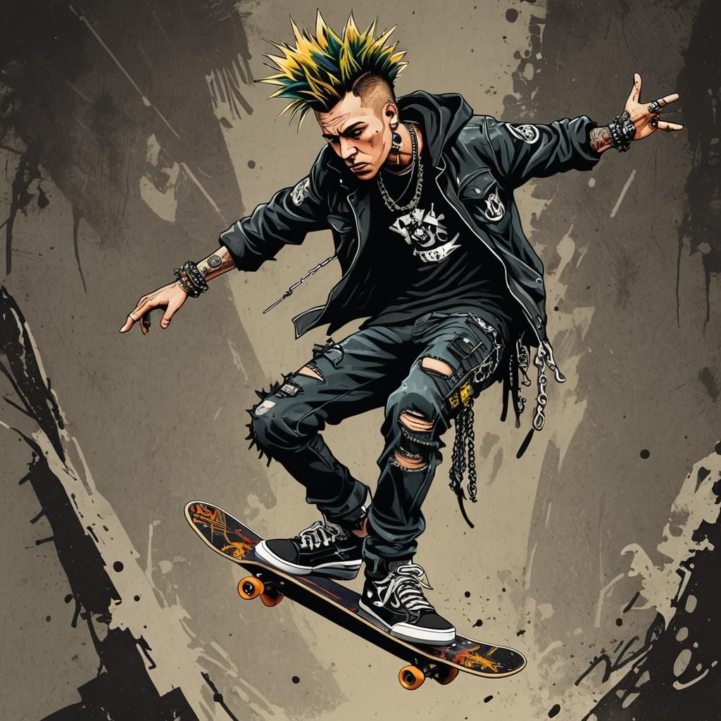 Punk Skateboarder Soaring High: Detailed Matte Painting