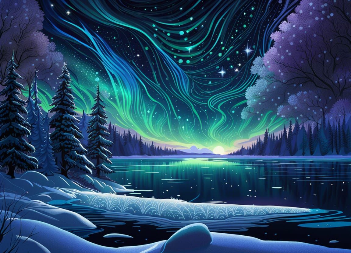 Frozen Lake Under Northern Lights in 2D Animation