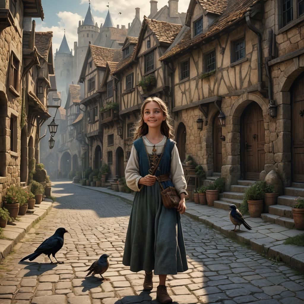 Girl with Bird in Medieval Town: Digital Matte Painting