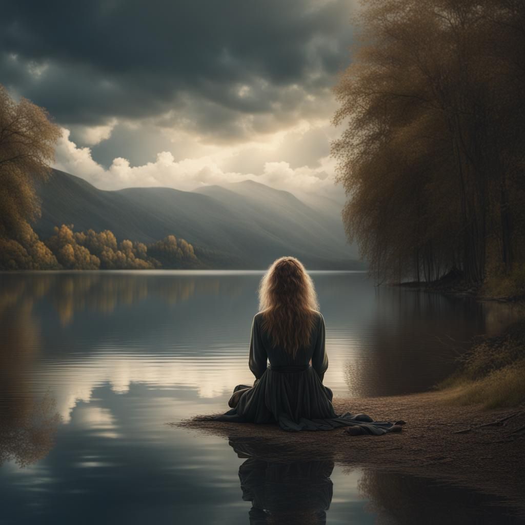 Woman by Lake in Detailed Digital Painting