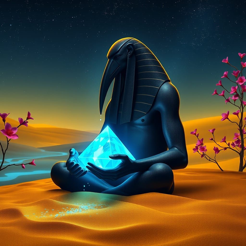 Mystical Thoth by Golden River Nil Under Starry Nightsky